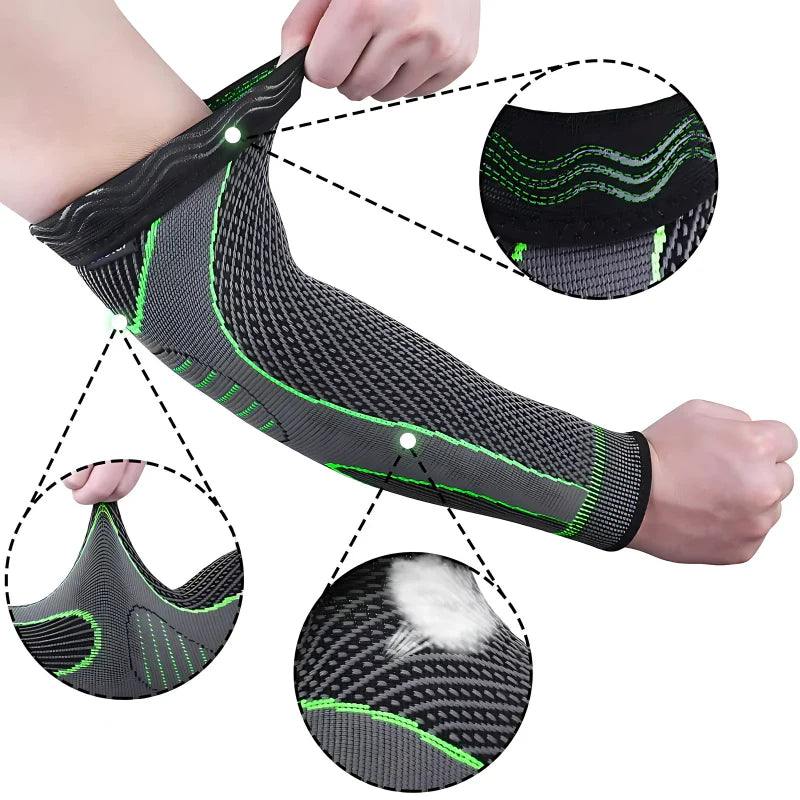 Homme portant un manchon bras de compression Cocoonease noir et vert, conçu pour le soutien musculaire et la récupération sportive.