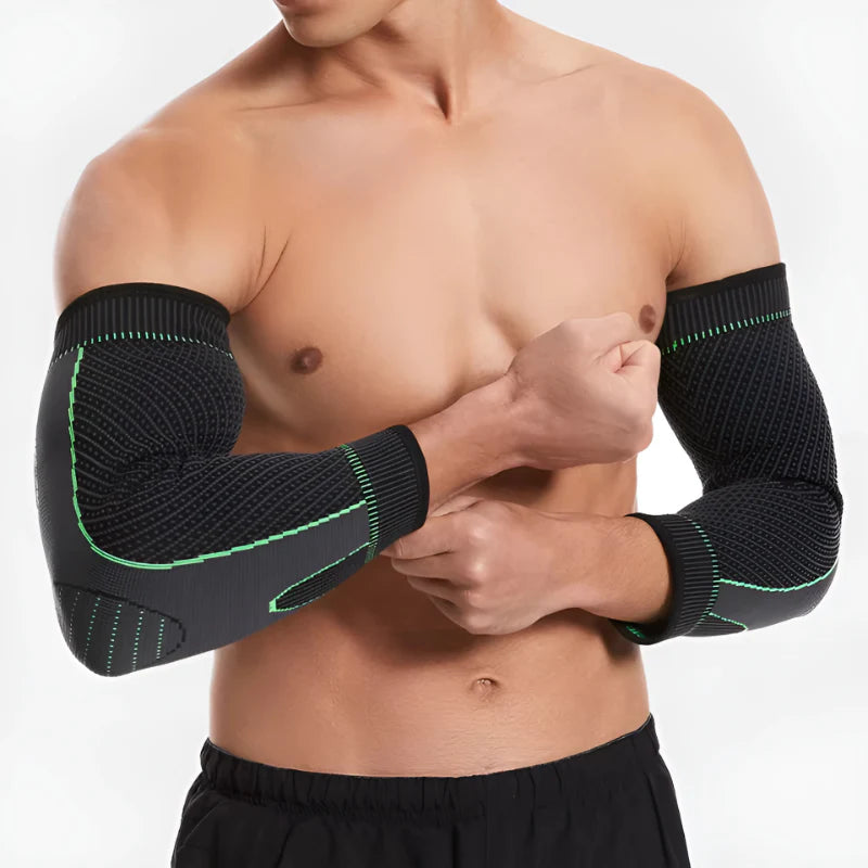 Homme portant un manchon bras de compression Cocoonease noir et vert, conçu pour le soutien musculaire et la récupération sportive.