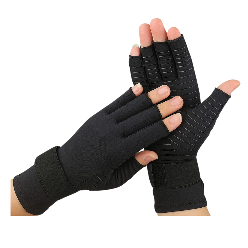 Les Gants de Contention noirs, dotés de doigts partiels et de poignets renforcés, offrent un soutien optimal pour les activités sportives et thérapeutiques - cocoonease