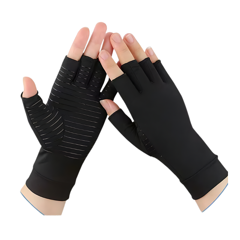 Paire de "Gants pour Tactile & Arthrite" noirs à doigts ouverts, offrant un soutien ergonomique et une fonctionnalité pour l'utilisation des écrans tactiles et le soulagement de l'arthrit - cocoonease