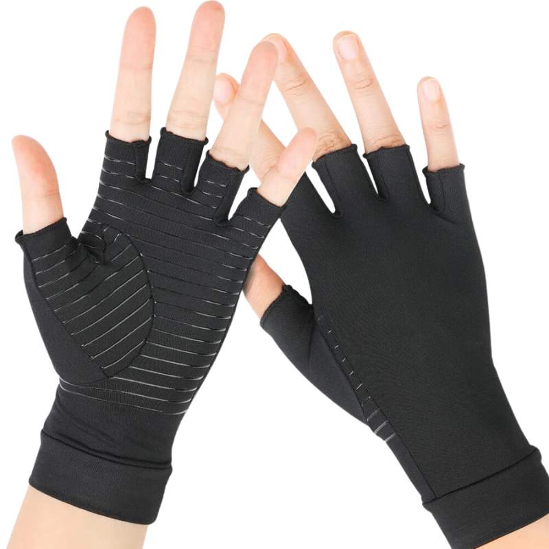 Paire de "Gants pour Tactile & Arthrite" noirs à doigts ouverts, offrant un soutien ergonomique et une fonctionnalité pour l'utilisation des écrans tactiles et le soulagement de l'arthrit - cocoonease