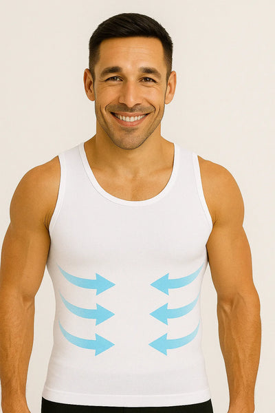 T Shirt Abdos Homme blanc pour posture droite et ventre plat.
Haut de compression blanc pour homme – maintien abdominal et effet ventre plat