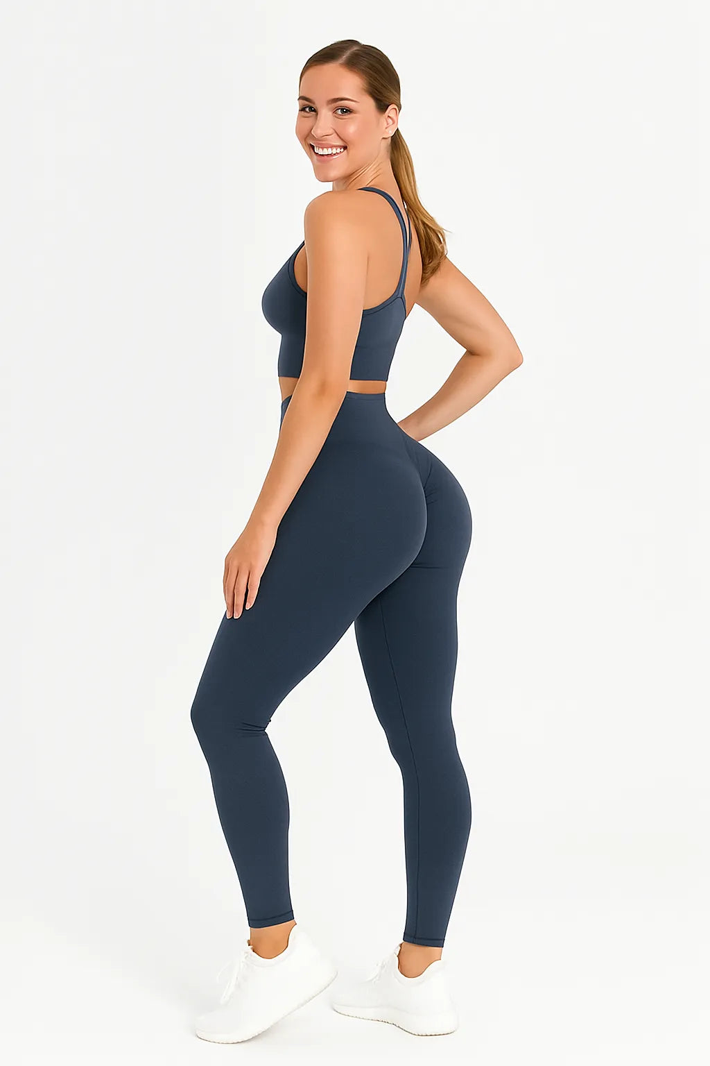 Legging sport sans couture bleu – taille haute sculptante, effet seconde peau, tissu gainant respirant 